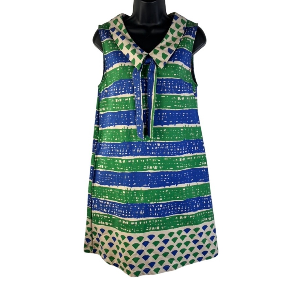Dear Creatures Green Blue Striped Tie Neck Peter‎ Pan Collar Shift Dress Medium